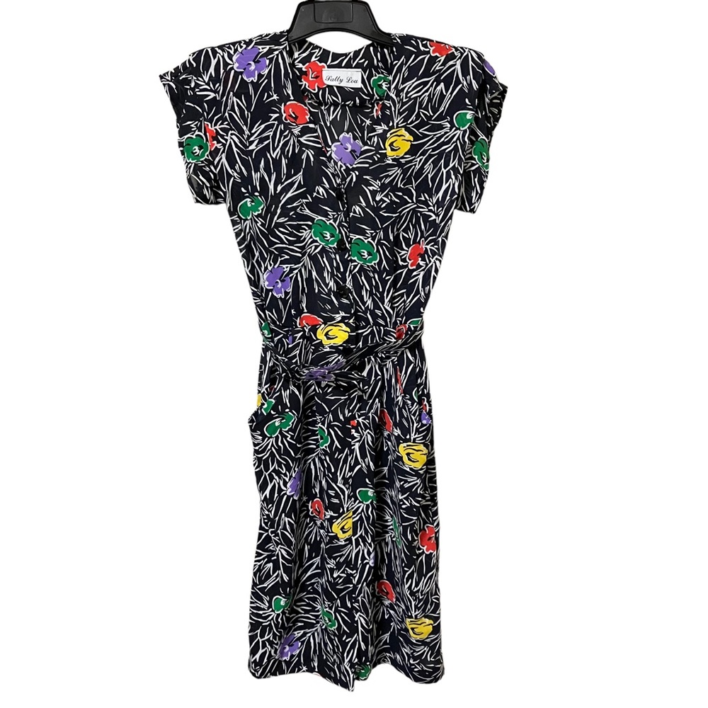 Vintage Sally Lou Black Floral Belted Dress